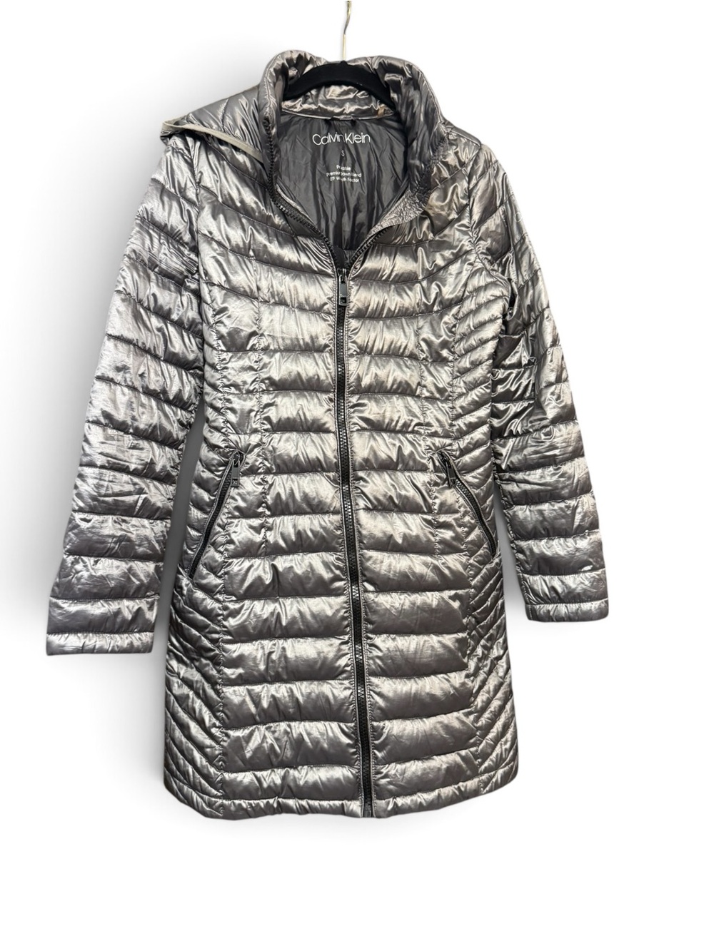 Calvin Klein Metallic Silver Packable Down Hooded Mid Length Puffer Coat Small